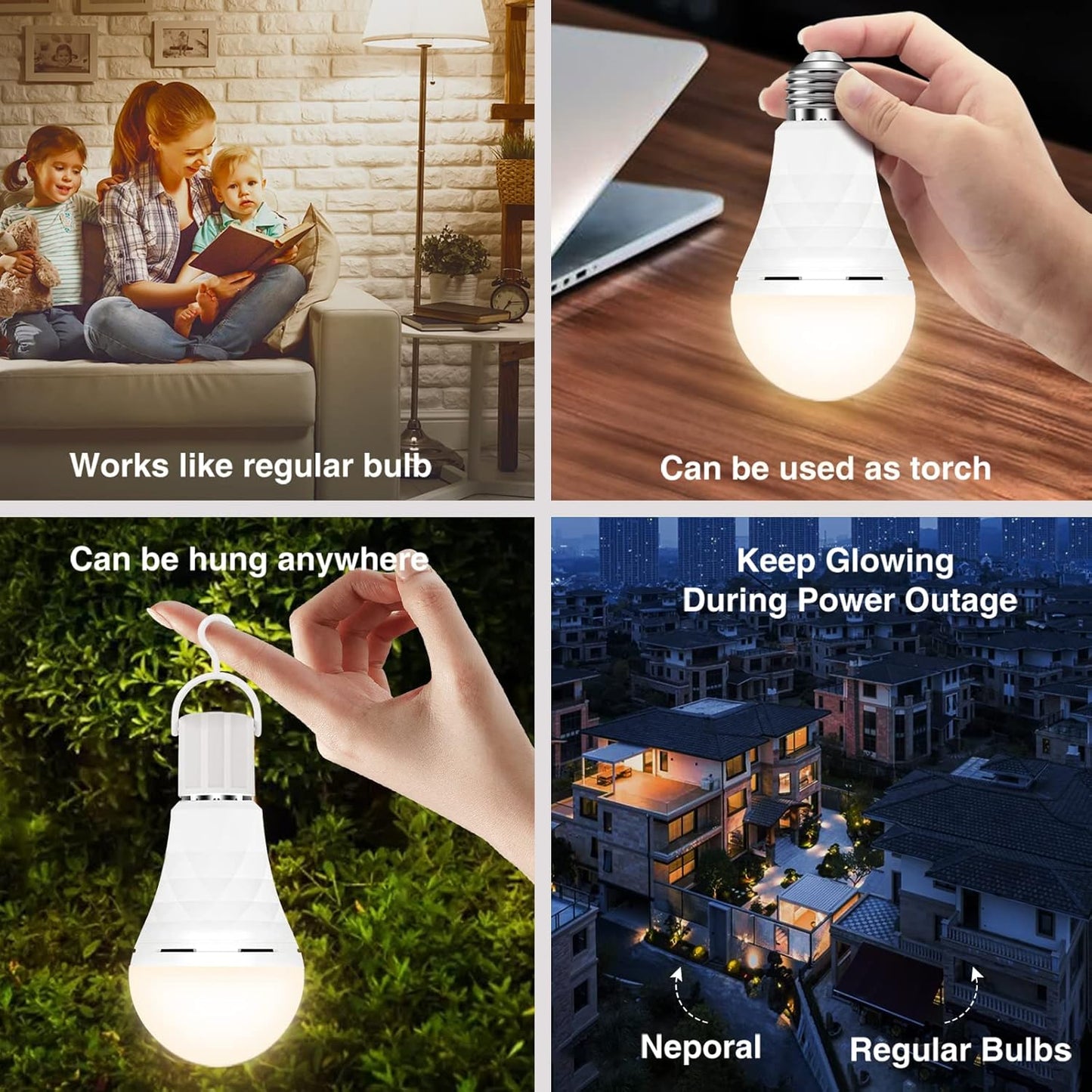 Neporal A19 Rechargeable Light Bulbs, Emergency Light Bulb 60 Watt Equiv., Self-Charging