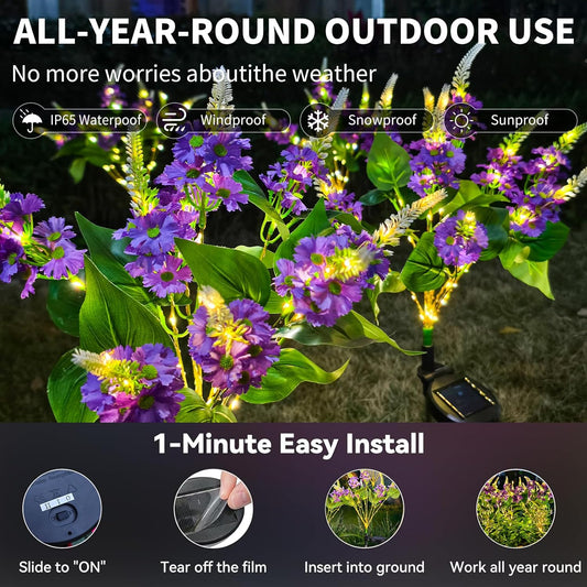 Neporal Solar Flowers Outdoor Waterproof Purple, Lilac Garden Solar Lights Decorative 4PK 8-Stem, 2 Lighting Modes, Solar Powered Garden Decor, Solar Yard Decor