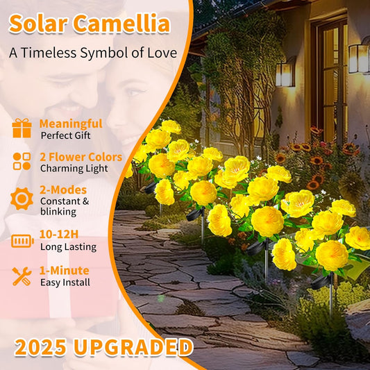 Neporal Solar Flowers Outdoor Waterproof, 4PK 7-Stem Yellow Camellia with 2 Lighting Modes & Romantic Warm Light, Solar Lights Outdoor Decorative for Garden, Yard, Pathway, Gardening Gifts for Women