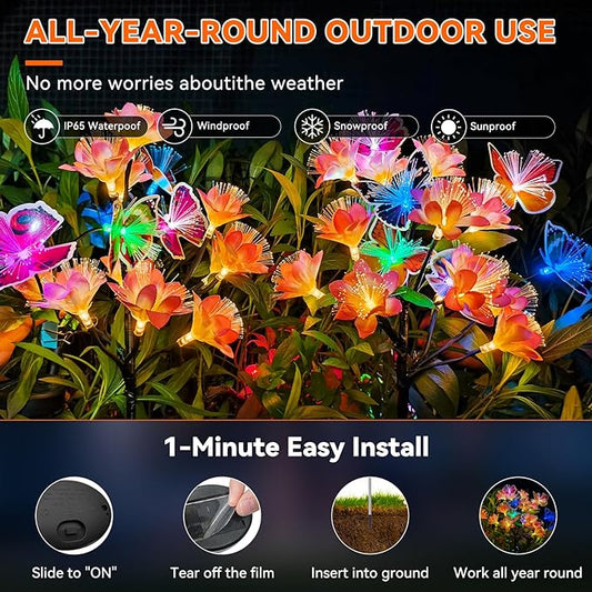 Neporal 4PK Outdoor Solar Flowers+Multi-Color Solar Butterfly Lights, Swaying Garden Decor