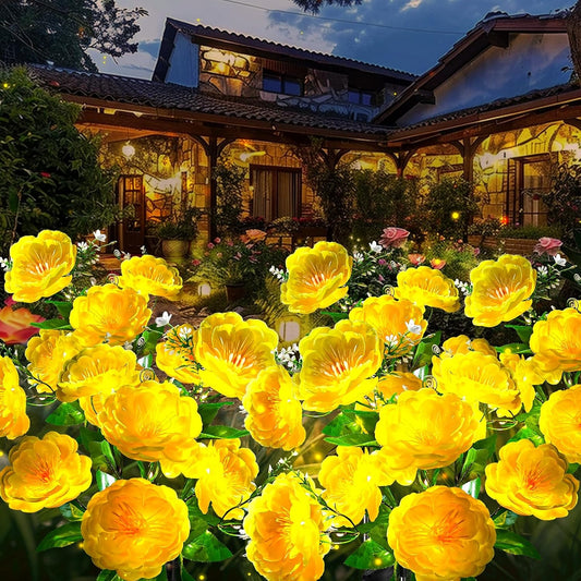 Neporal Solar Flowers Outdoor Waterproof, 4PK 7-Stem Yellow Camellia with 2 Lighting Modes & Romantic Warm Light, Solar Lights Outdoor Decorative for Garden, Yard, Pathway, Gardening Gifts for Women