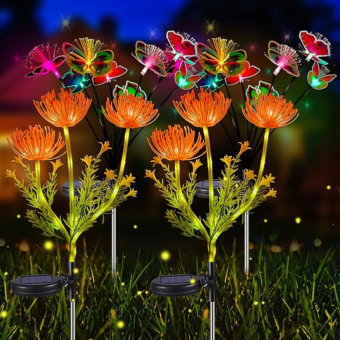 Neporal 4PK Outdoor Solar Flowers+Multi-Color Solar Butterfly Lights, Swaying Garden Decor