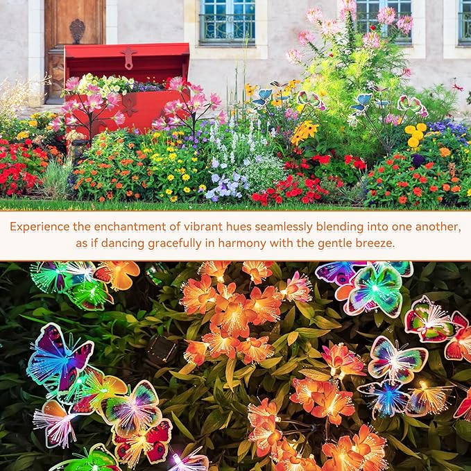 Neporal 4PK Outdoor Solar Flowers+Multi-Color Solar Butterfly Lights, Swaying Garden Decor