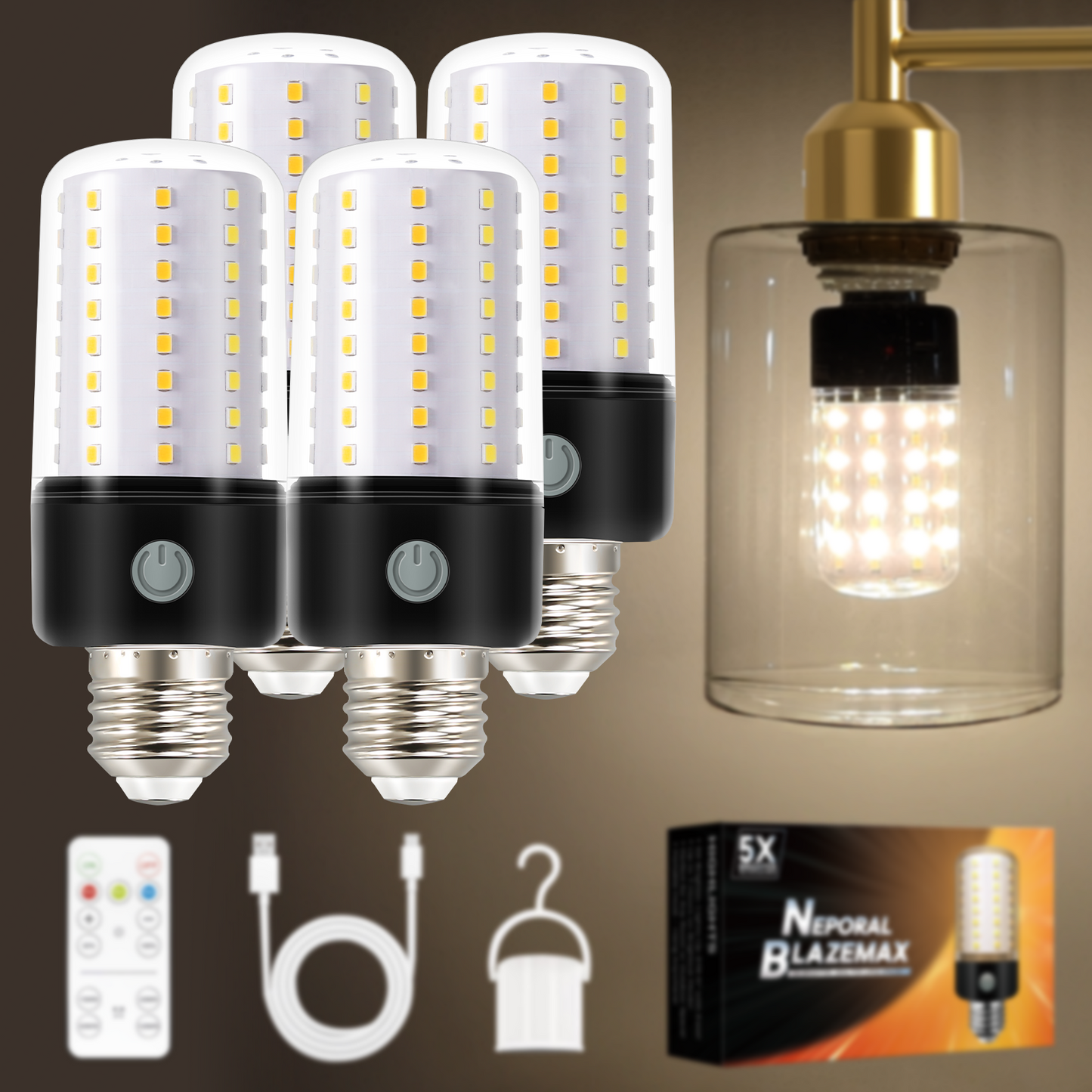 Neporal BlazeMax Battery Operated Light Bulb Bright, Rechargeable Light Bulbs with Remote and Time For Lamp and Sconce, Socket USB Rechargeable, Wide Dimming Range Battery Powered Light Bulb, Wireless