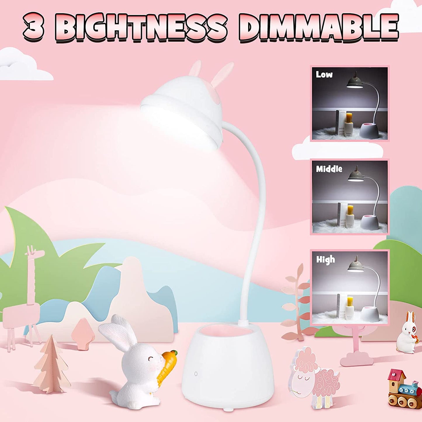 Neporal Small Desk Lamp Cute Desk Lamp Rechargeable Touch Control Dimming 3 Brightness, 360°Flexible Gooseneck Eye-Care LED Kids Desk Lamp with Pen Holder, Kawaii Desk Accessories, Rabbit Lamp