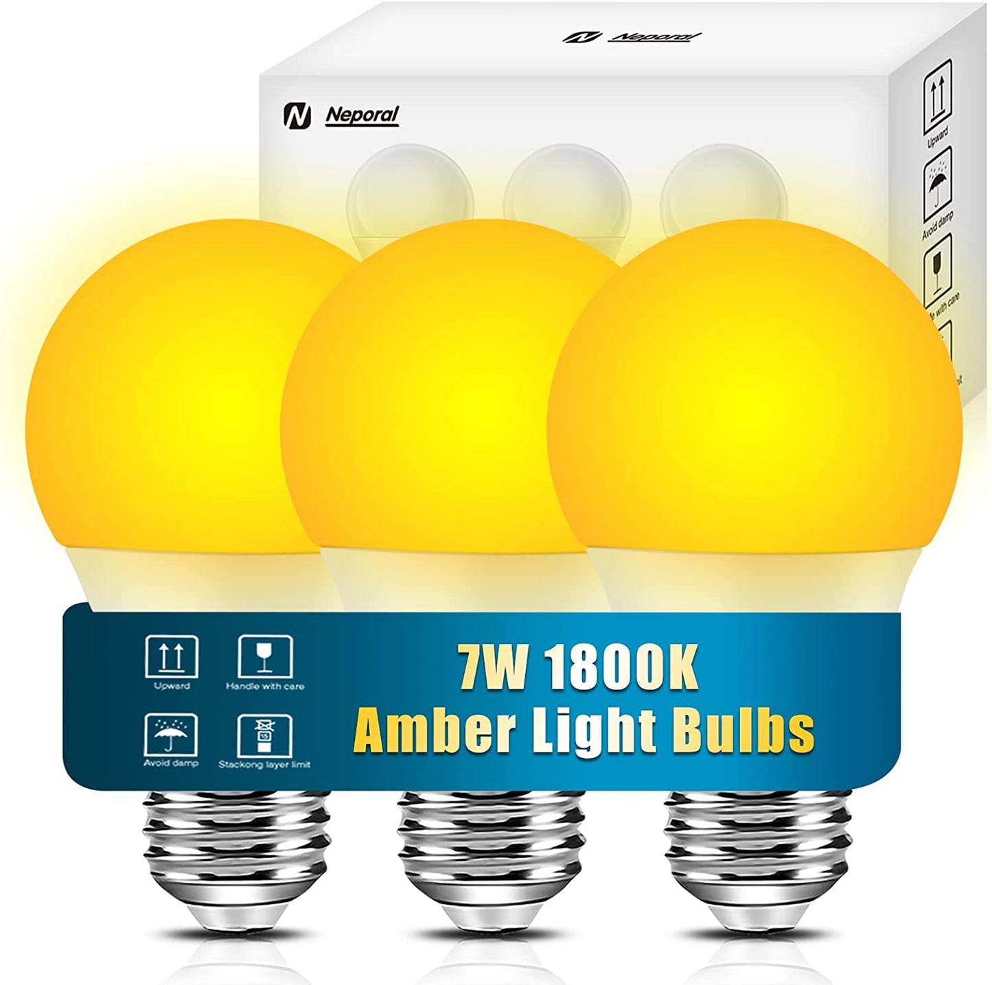Neporal Amber Light Bulbs, 9W 60W Equivalent A19 Soft Light Bulbs, 3 Pack Blue Light Blocking Warm Light Bulbs, 1800K Amber Night Light Bulbs, Dim Light Bulbs for Healthy Sleep and Baby Nursery Light