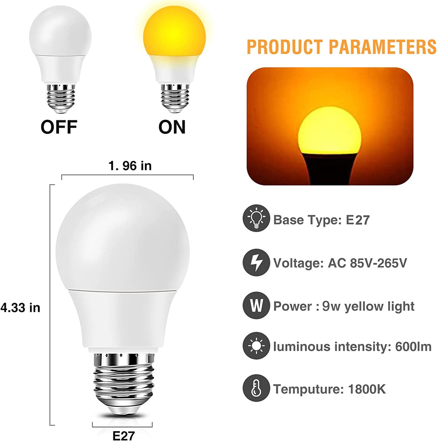 Neporal Amber Light Bulbs, 9W 60W Equivalent A19 Soft Light Bulbs, 3 Pack Blue Light Blocking Warm Light Bulbs, 1800K Amber Night Light Bulbs, Dim Light Bulbs for Healthy Sleep and Baby Nursery Light