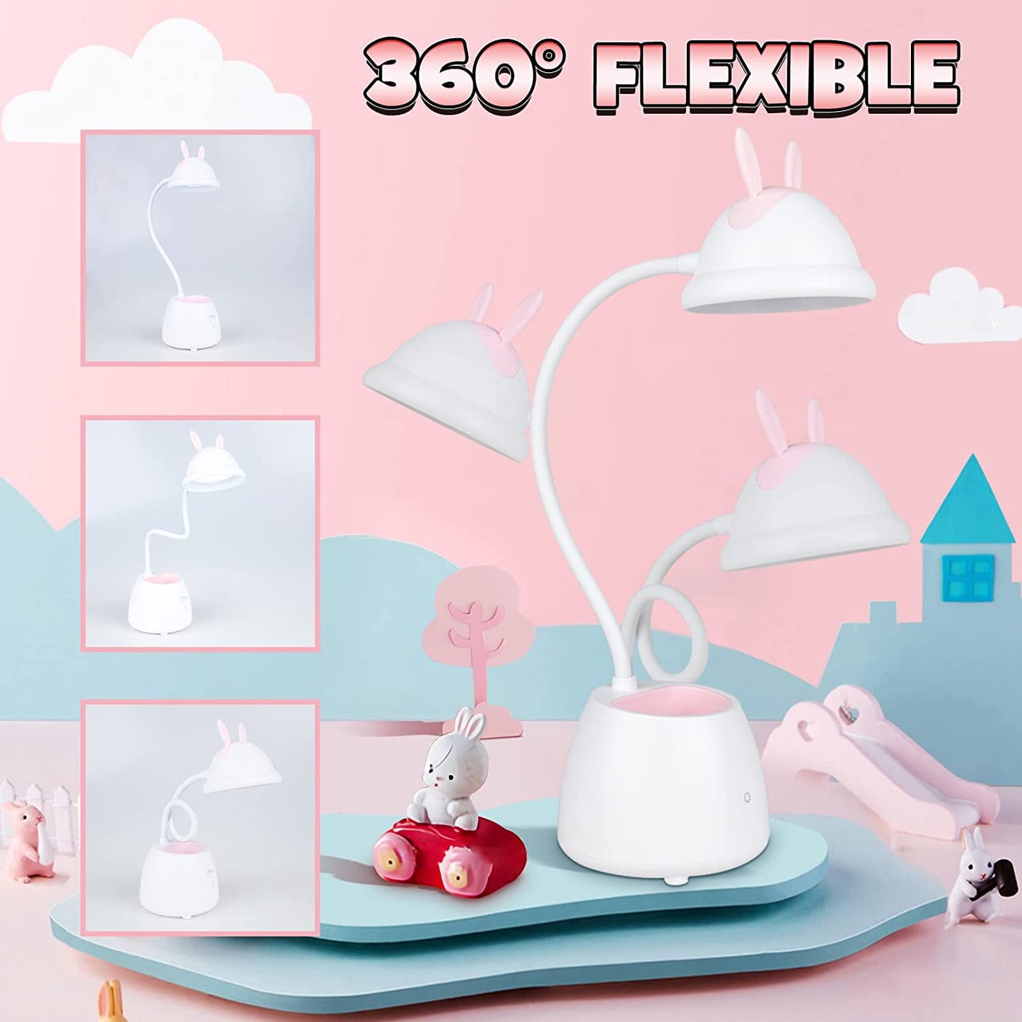 Neporal Small Desk Lamp Cute Desk Lamp Rechargeable Touch Control Dimming 3 Brightness, 360°Flexible Gooseneck Eye-Care LED Kids Desk Lamp with Pen Holder, Kawaii Desk Accessories, Rabbit Lamp