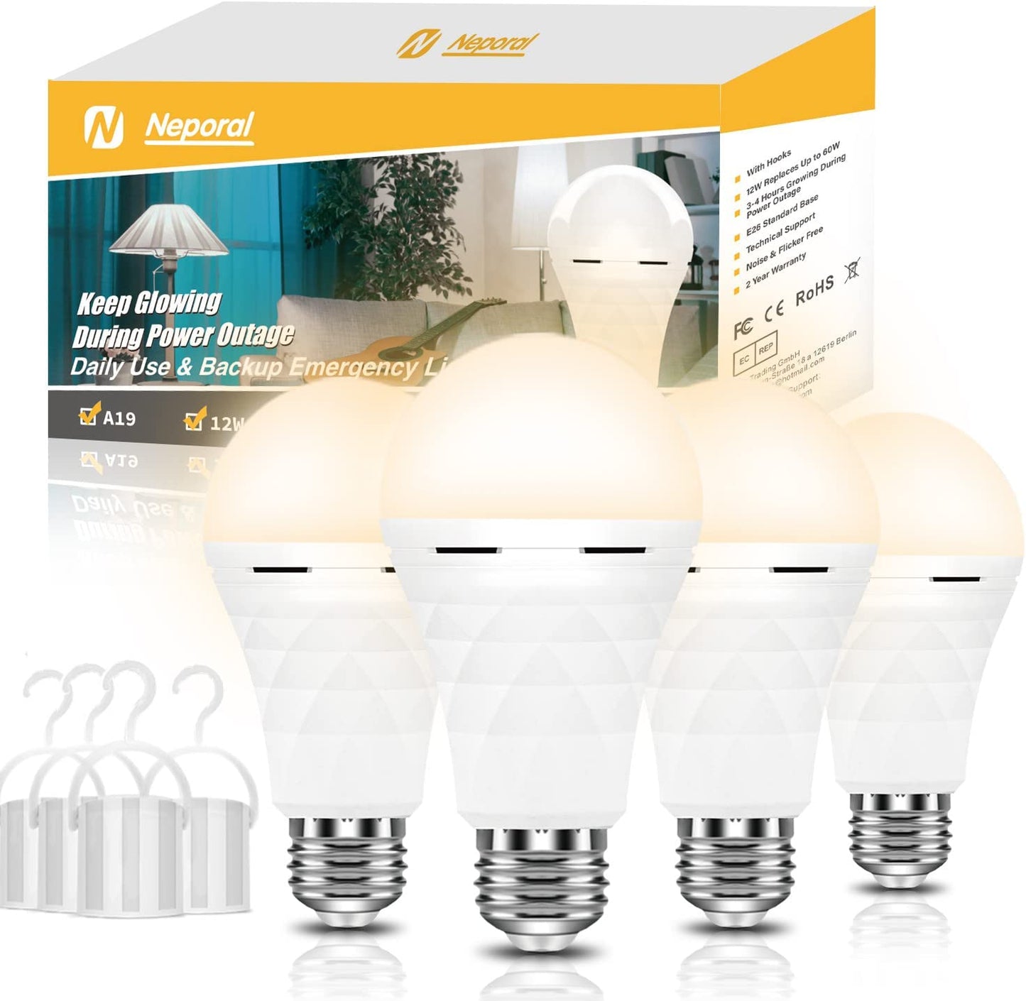 Neporal 4 Pack A19 Rechargeable Light Bulbs, 60 Watt Equivalent, 3000K, 1200mAh Battery Backup