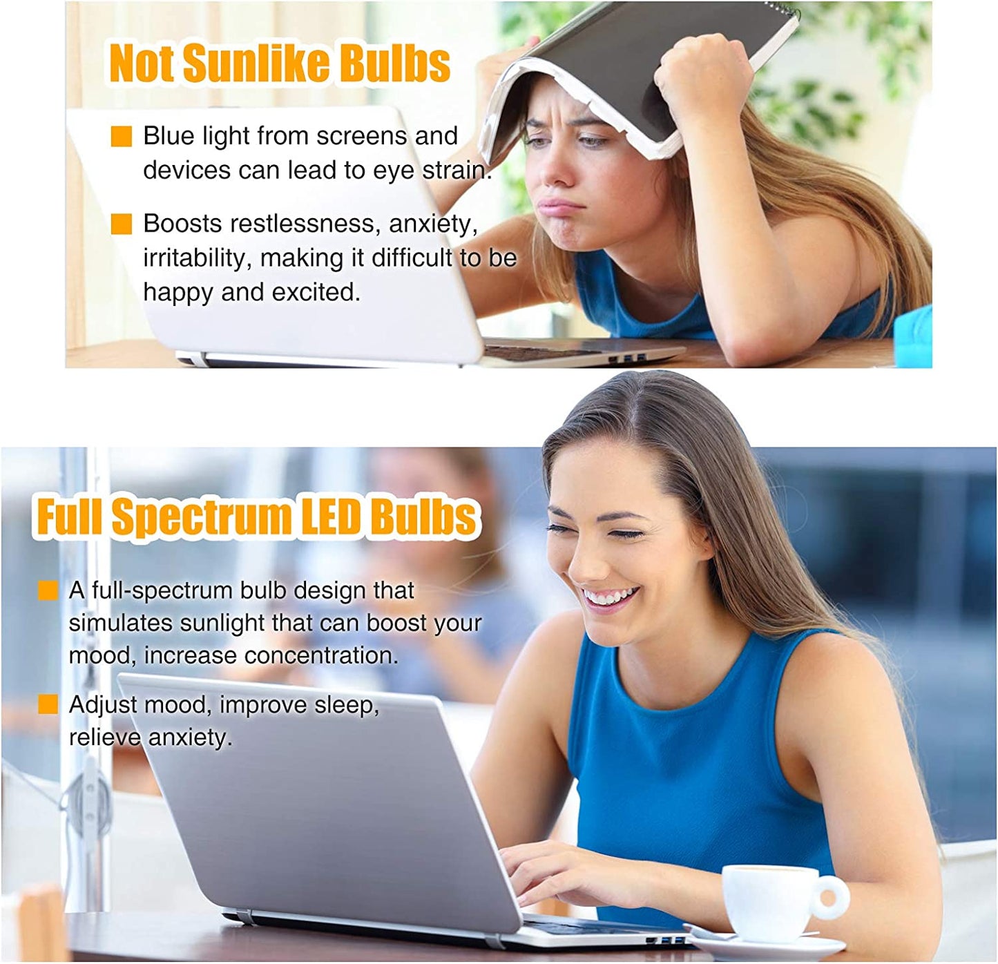 Full Spectrum Light Bulb, 6000K Natural Sunlight Bulbs, LED Light Bulb 9W 60W Equivalent, Happy Light Bulbs A19, E26/E27, 3 Pack