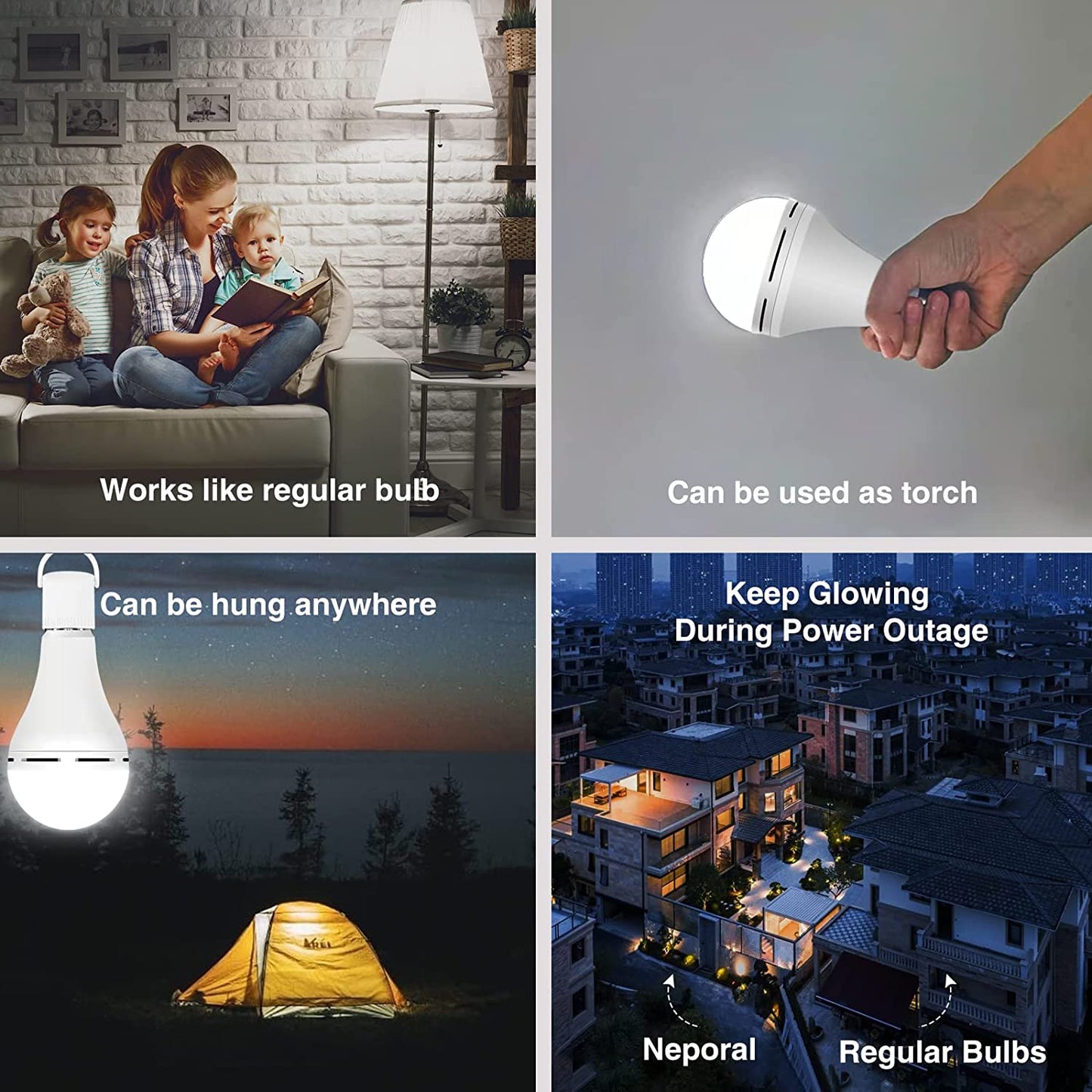 Neporal 4 Pack Rechargeable Emergency LED Bulb, 1200mAh, 15W, 80W Equivalent, E27, with Hook