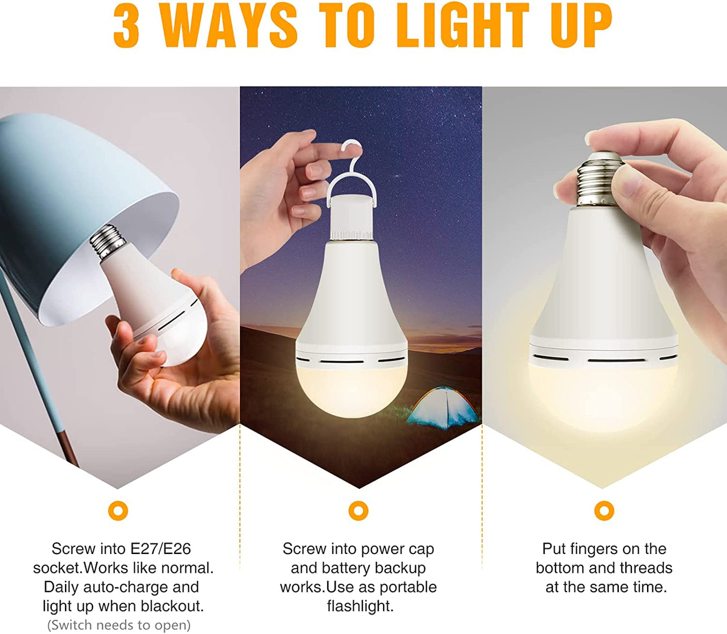Neporal 4 Pack Emergency Rechargeable Light Bulbs with hook, Daylight, 15W, 80W Equivalent