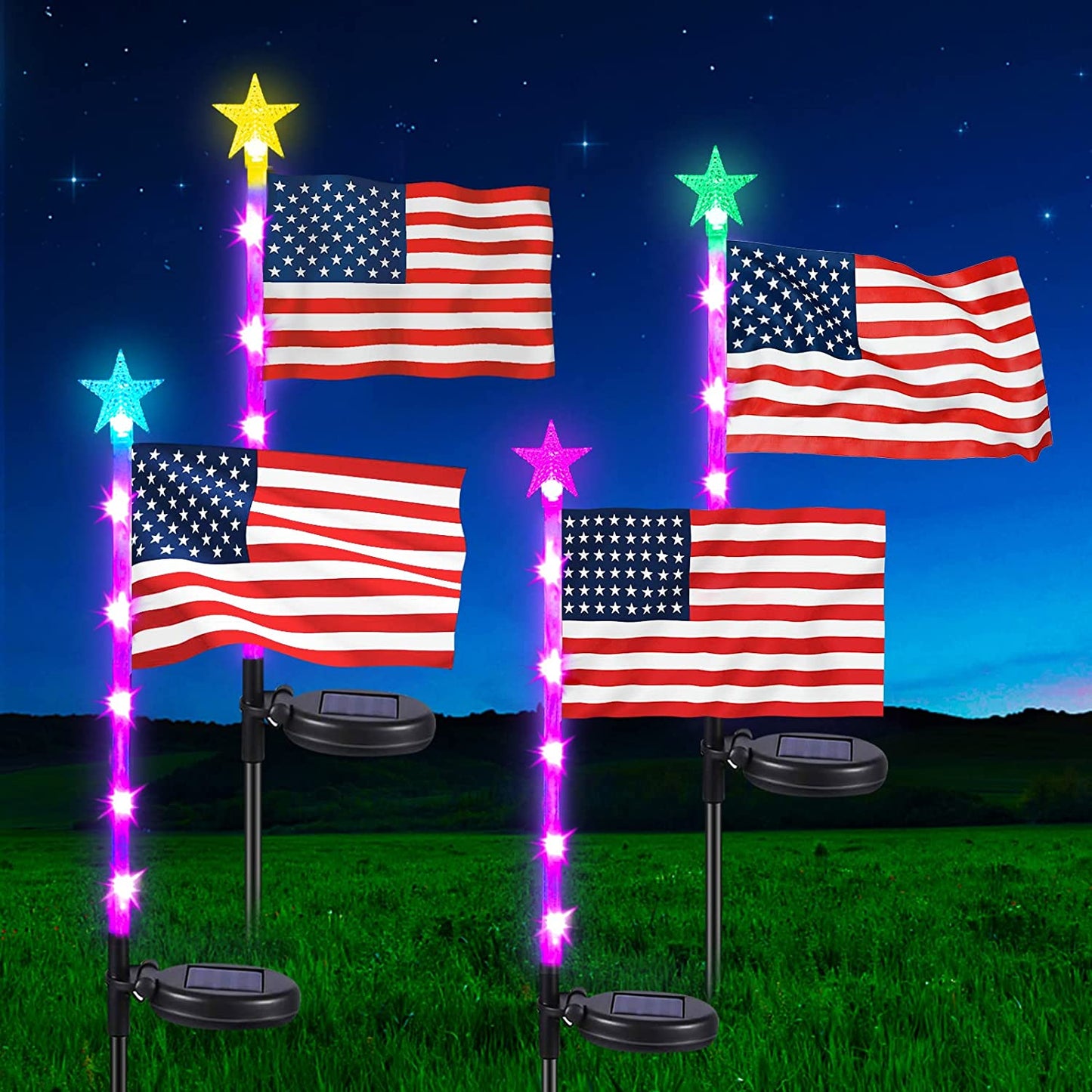 Neporal 4PK Solar American Flag Lights Outdoor,July 4th Decorations for Outside,Waterproof Outdoor Patriotic Decorations,Solar Stake Lights for Garden, Patio, Yard, Solar Powered Waterproof IP65