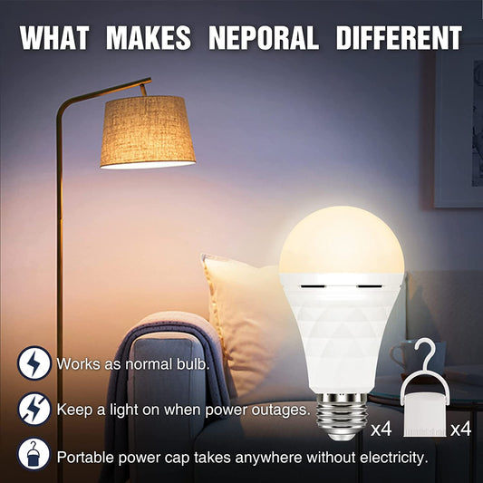 Neporal 4 Pack A19 Rechargeable Light Bulbs, 60 Watt Equivalent, 3000K,  1200mAh Battery Backup