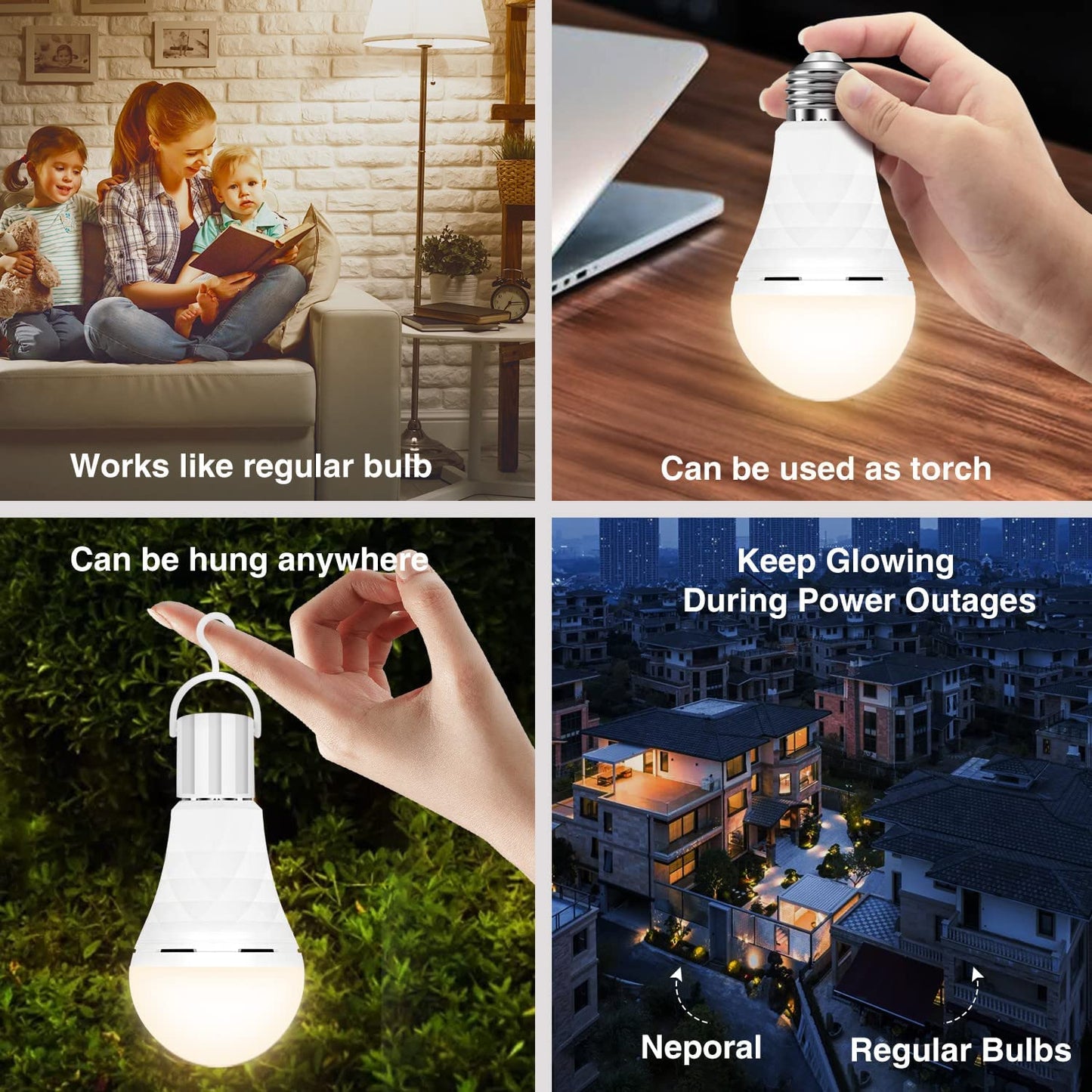 Neporal 4 Pack A19 Rechargeable Light Bulbs, 60 Watt Equivalent, 3000K, 1200mAh Battery Backup