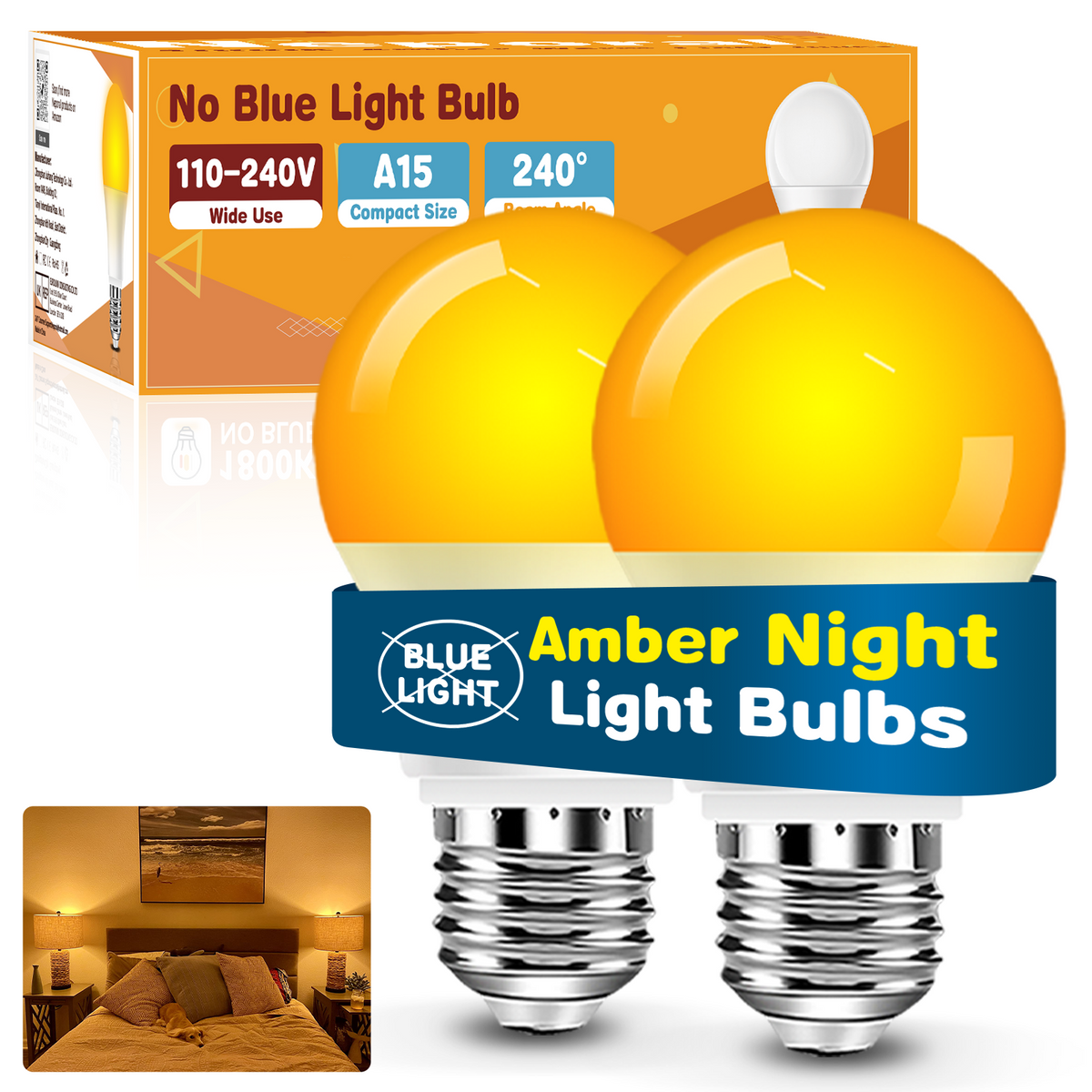 Neporal A15 Amber LED Light Bulb 1800K, True Blue Light Blocking Sleep Aid Bulb for Bedroom Nursery, 7W Replacement for 40W, Soft Warm Glow to Protect Melatonin, E26 Base (2, Amber)