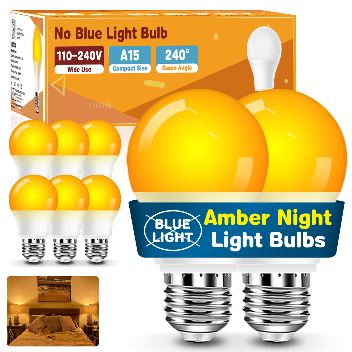 Neporal A15 Amber LED Light Bulb 1800K, True Blue Light Blocking Sleep Aid Bulb for Bedroom Nursery, 7W Replacement for 40W, Soft Warm Glow to Protect Melatonin, E26 Base (8, Amber)