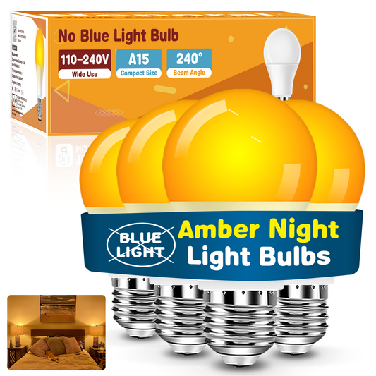 Neporal A15 Amber LED Light Bulb 1800K, True Blue Light Blocking Sleep Aid Bulb for Bedroom Nursery, 7W Replacement for 40W, Soft Warm Glow to Protect Melatonin, E26 Base (4, Amber)