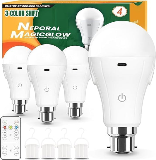 Neporal MagicGlow Rechargeable Light Bulbs with Remote,  USB Rechargeable, B22, 4PK