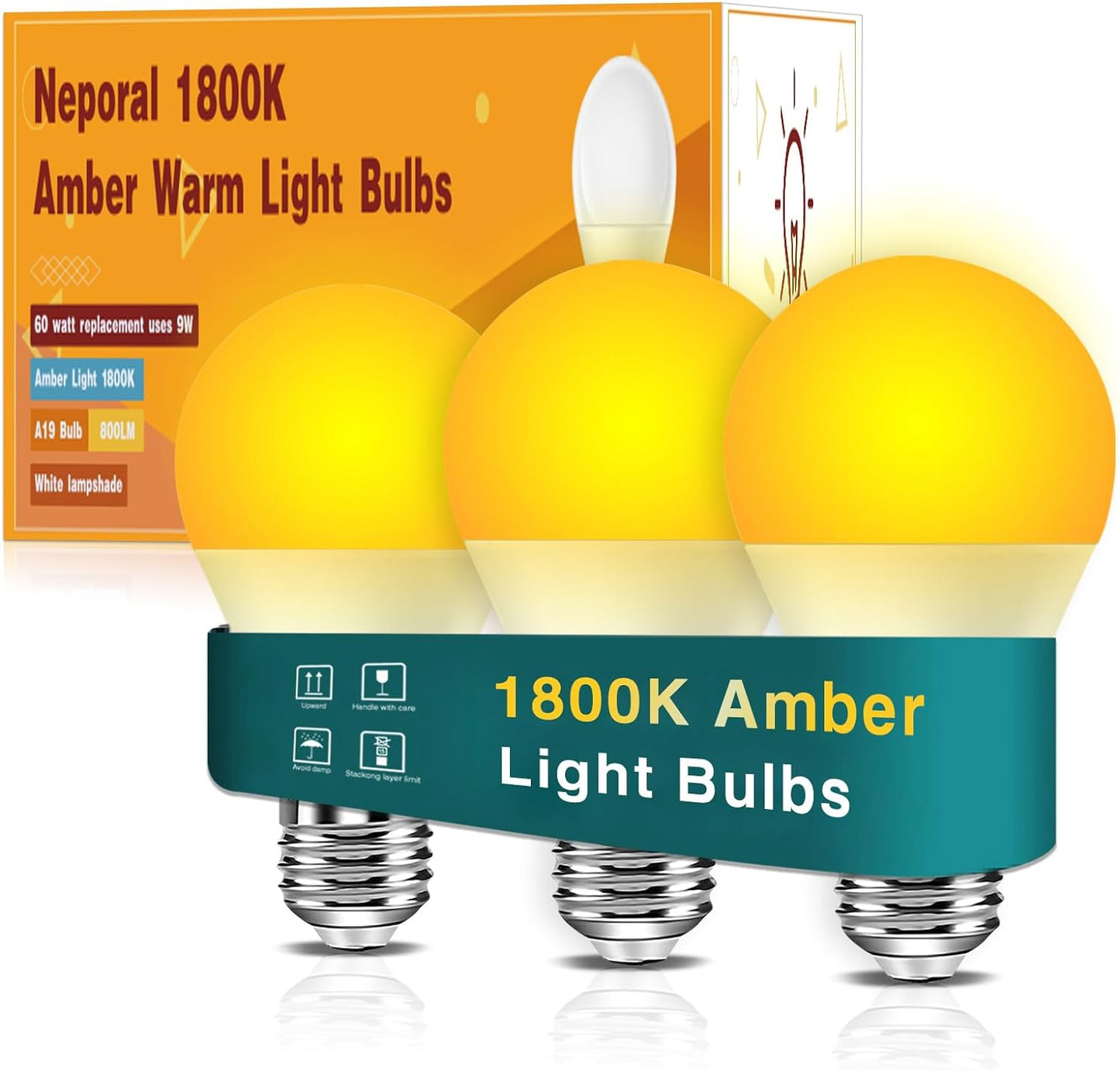 Neporal Red Light Bulbs for Sleep 9W, 100% Blue Light Blocking Red Night Light, 625nm Sleep Light for Melatonin Promoting, A19 60W Equivalent Dim Light Bulbs for Bedroom, Baby Nursery,3 Pack
