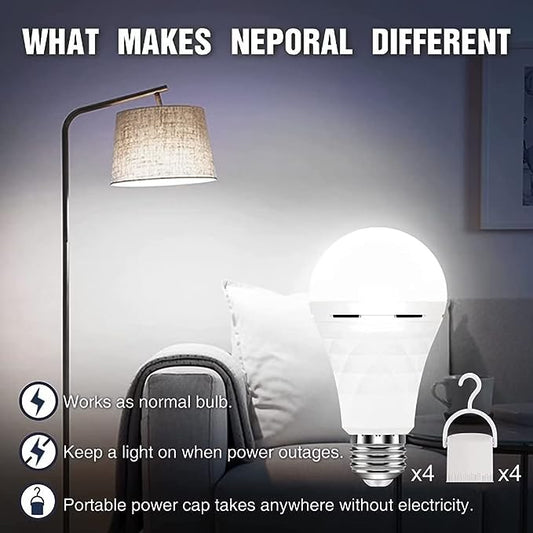 Neporal A19 Rechargeable Light Bulbs Emergency Light Bulb for Power Outages, Led Bulb 60 Watt Equivalent, 5000K Daylight Self-charging Light Bulb 1200mAh Battery Backup Light Bulbs for Daily, Emergency Use