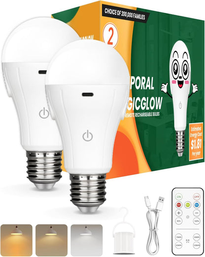 Neporal MagicGlow Rechargeable Light Bulbs with USB Charger Cable, 3 Hue Shift Dimmable Up to 20 Hr LED Battery Powered Light Bulb with Remote 15W A19 Rechargeable Light Bulbs for Lamps with No Outlet