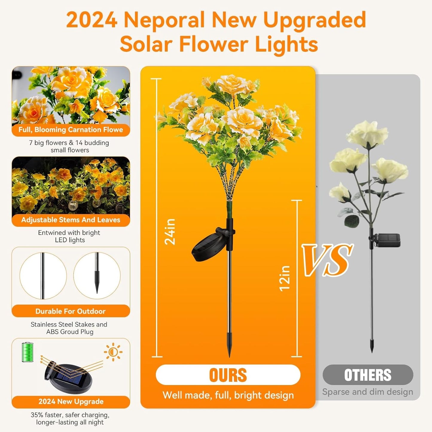 Neporal Solar Lights Outdoor Decorative, Solar Garden Lights with Carnation Flower