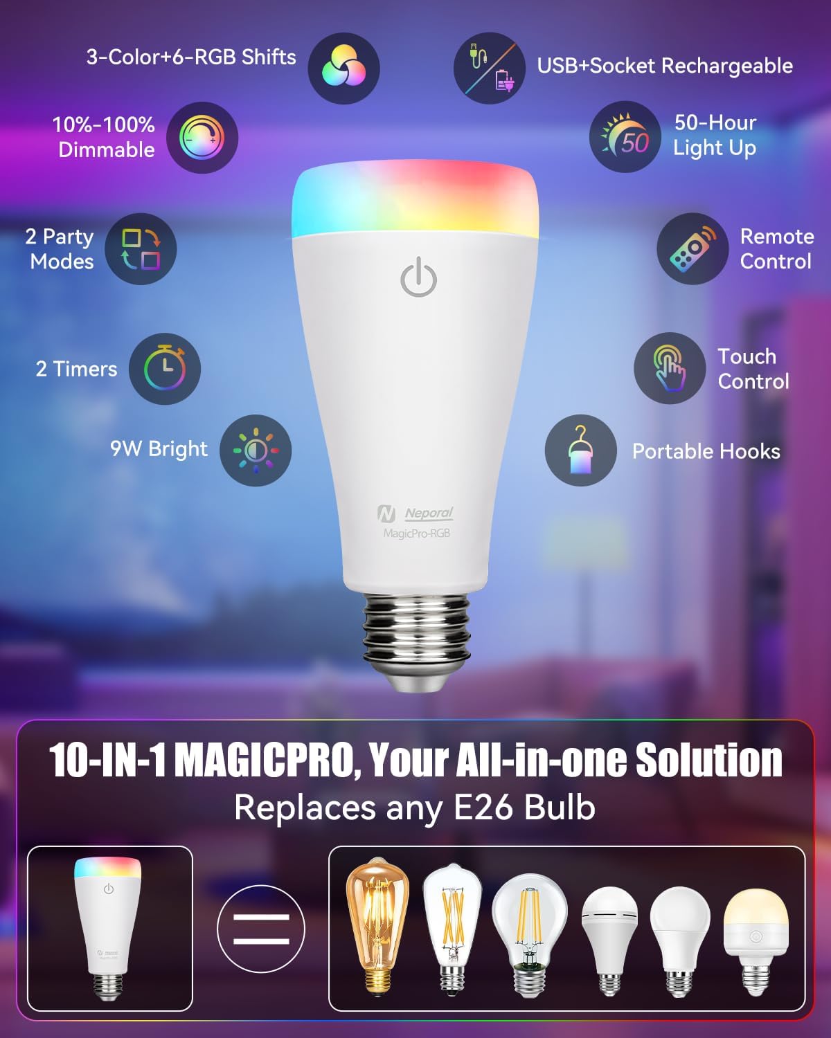 Neporal MAGICPRO Rechargeable Light Bulbs with Remote, Socket/USB Rechargeable