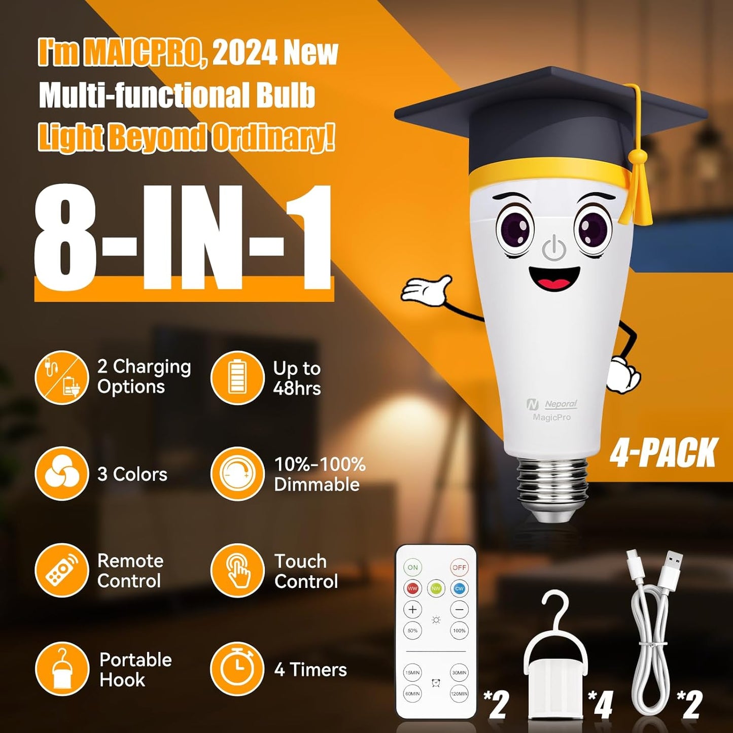 Neporal MAGICPRO Rechargeable Light Bulbs with Remote, Socket & USB Rechargeable