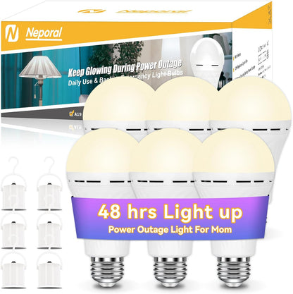 Neporal LITE Emergency Rechargeable Light Bulbs A19, Light Up to 48 hrs, Battery Operated Light Bulb, 5000K E26 LED Bulb, Emergency Lights for Home Power Failure (Daylight-2PK, 12, Watts)