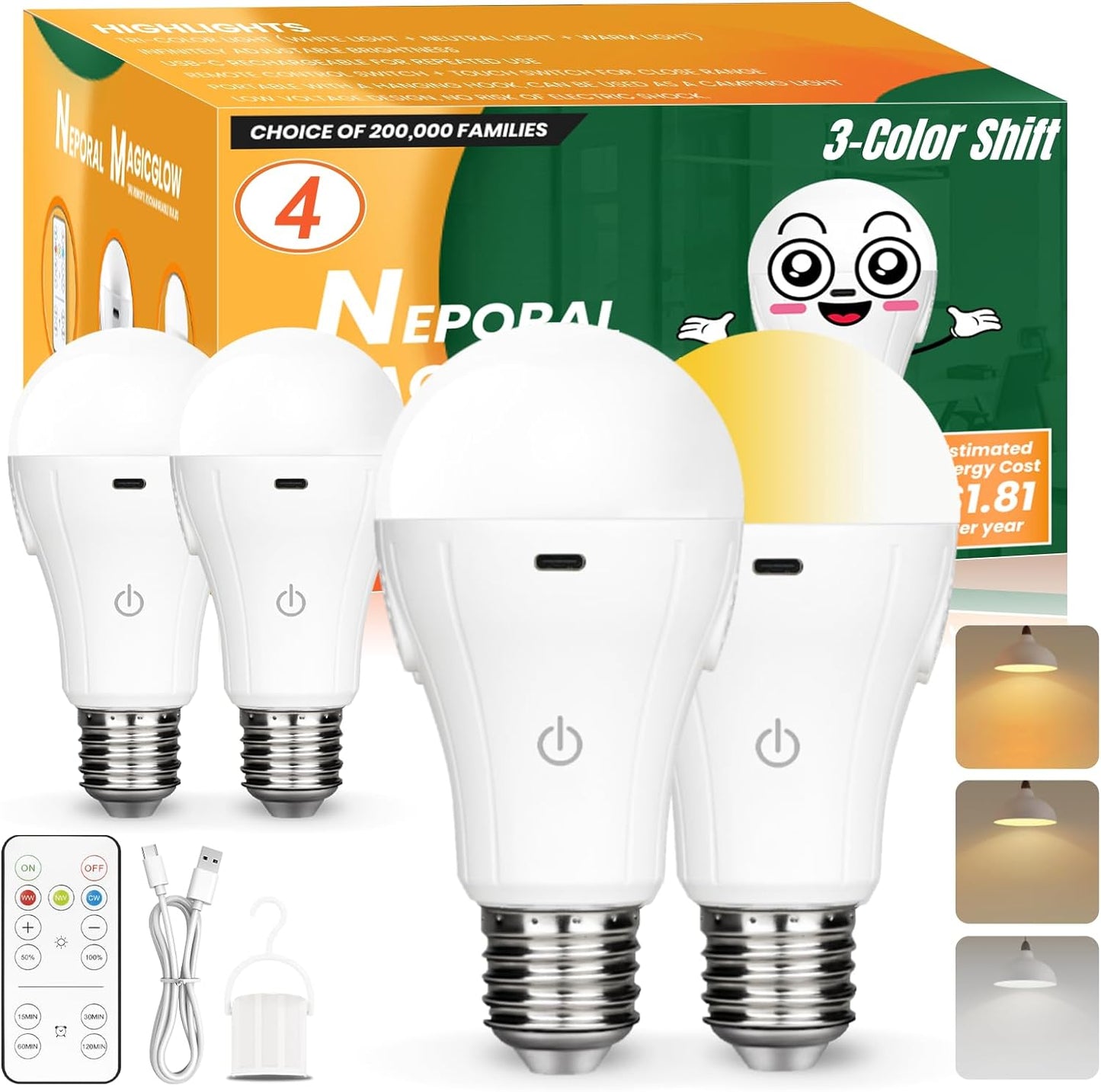 Neporal MagicGlow Rechargeable Light Bulbs with Remote