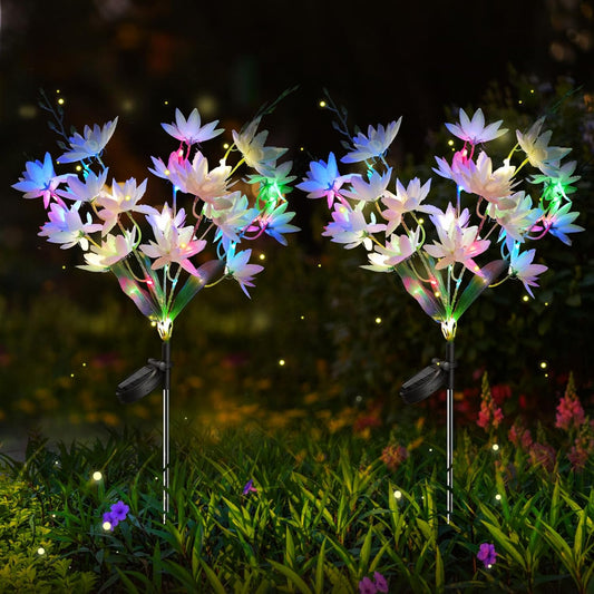 Neporal Solar Flowers Outdoor Waterproof IP65, 5-Head Snow Lotus with 20+ Flowers, 4-Color Light & 2 Lighting Modes, Decorative Solar Lights Outdoor Garden, Yard, Pathway, Flower Bed (2-Pack, White)