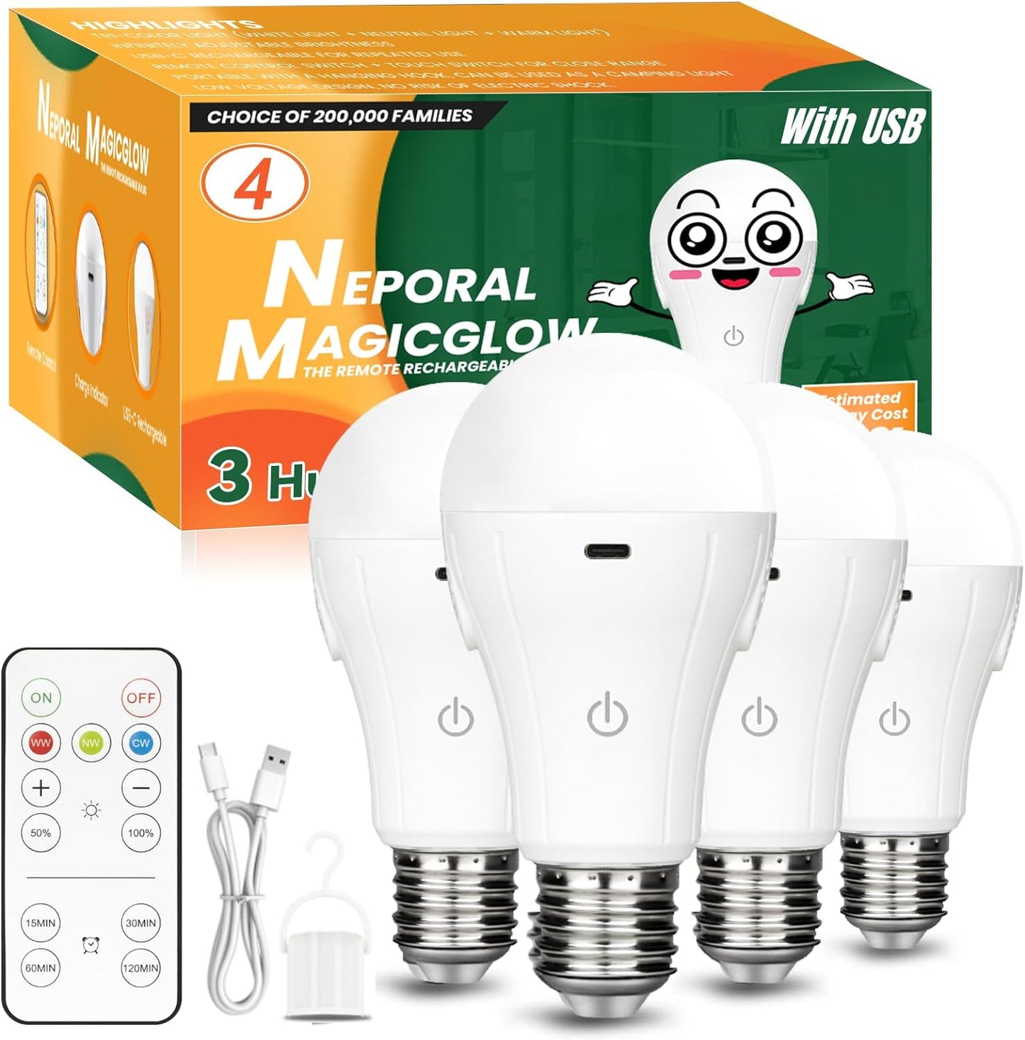 Neporal MagicGlow Rechargeable Light Bulbs with USB Charger Cable, 3 Hue Shift Dimmable Up to 20 Hr LED Battery Powered Light Bulb with Remote 15W A19 Rechargeable Light Bulbs for Lamps with No Outlet