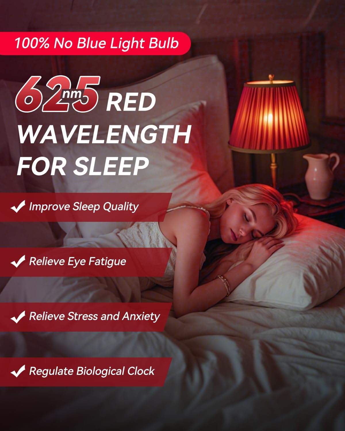 Neporal Red Light Bulbs for Sleep 9W, 100% Blue Light Blocking Red Night Light, 625nm Sleep Light for Melatonin Promoting, A19 60W Equivalent Dim Light Bulbs for Bedroom, Baby Nursery,3 Pack