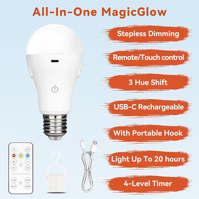 Neporal MagicGlow Rechargeable Light Bulbs with Remote, 3 Hue Shift + Dimmable Battery Powered Light Bulbs, USB Rechargeable, A19 Standard Size Emergency LED Light Bulbs, 15W, Up to 24 Hours, 1 Pack