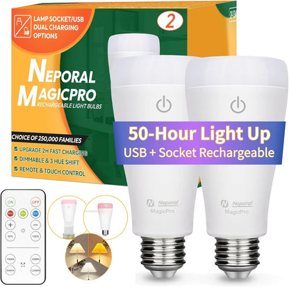 Neporal MAGICPRO Rechargeable Light Bulbs with Remote, Socket & USB Rechargeable, Up to 50H Battery Life