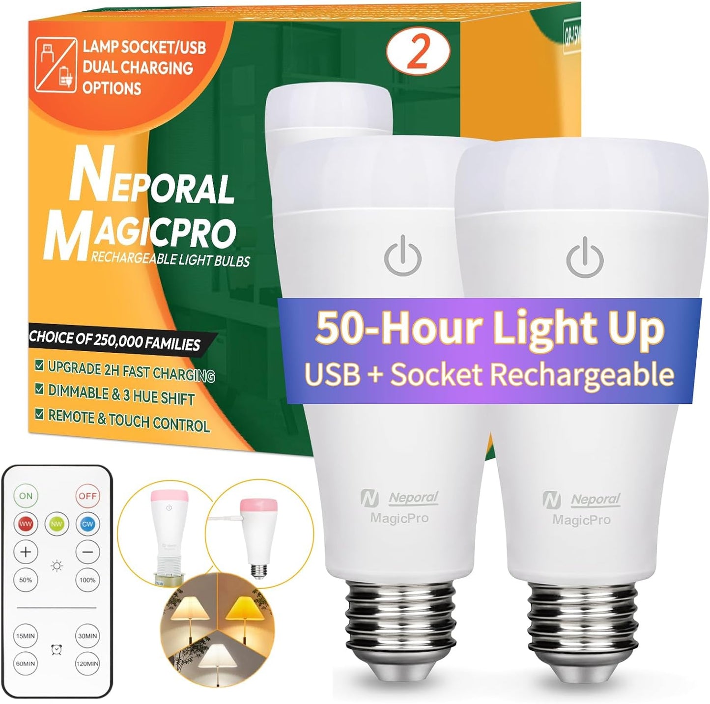 Neporal MAGICPRO Rechargeable Light Bulbs with Remote, Socket & USB Rechargeable