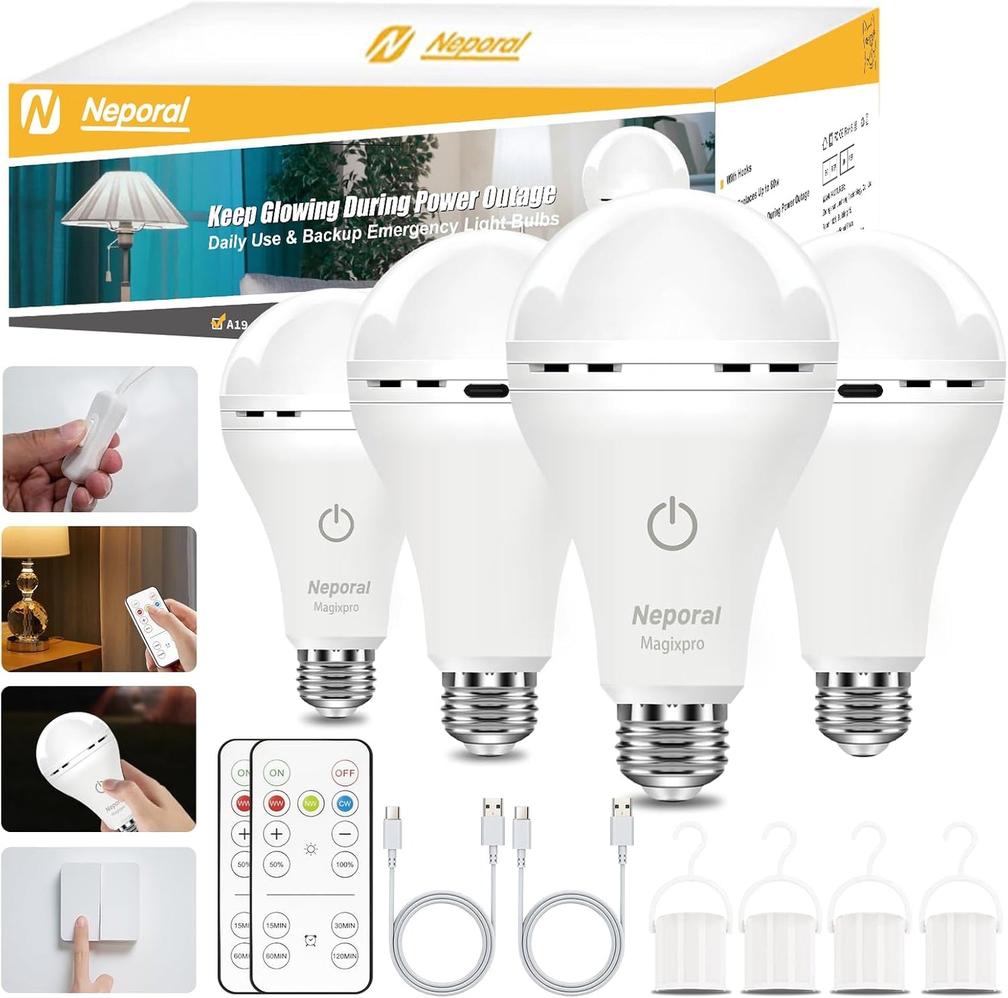 MagixPro Remote Rechargeable Light Bulbs, USB & Socket Charging, 1800mAh Battery, Dimmable LED Bulb for Hardwired & Non-wired Lamps Sconces, Touch + Remote Control, Wall Switch Compatible, 2 Pack