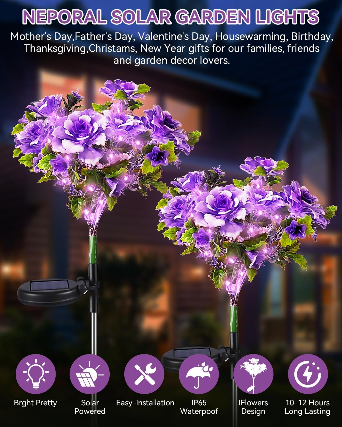 Neporal Solar Garden Lights Outdoor Waterproof IP65, Dusk to Dawn Purple Carnation