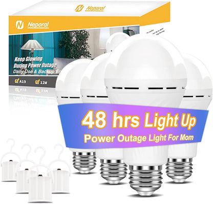 Neporal LITE Emergency Rechargeable Light Bulbs A19, Light Up to 48 hrs, Battery Operated Light Bulb, 5000K E26 LED Bulb, Emergency Lights for Home Power Failure (Daylight-2PK, 12, Watts)