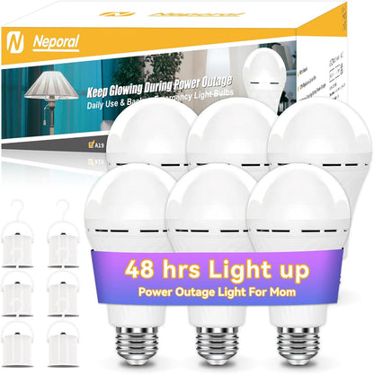 Neporal LITE Emergency Rechargeable Light Bulbs A19, Light Up to 48 hrs, Battery Operated Light Bulb, 5000K E26 LED Bulb, Emergency Lights for Home Power Failure (Daylight-2PK, 12, Watts)