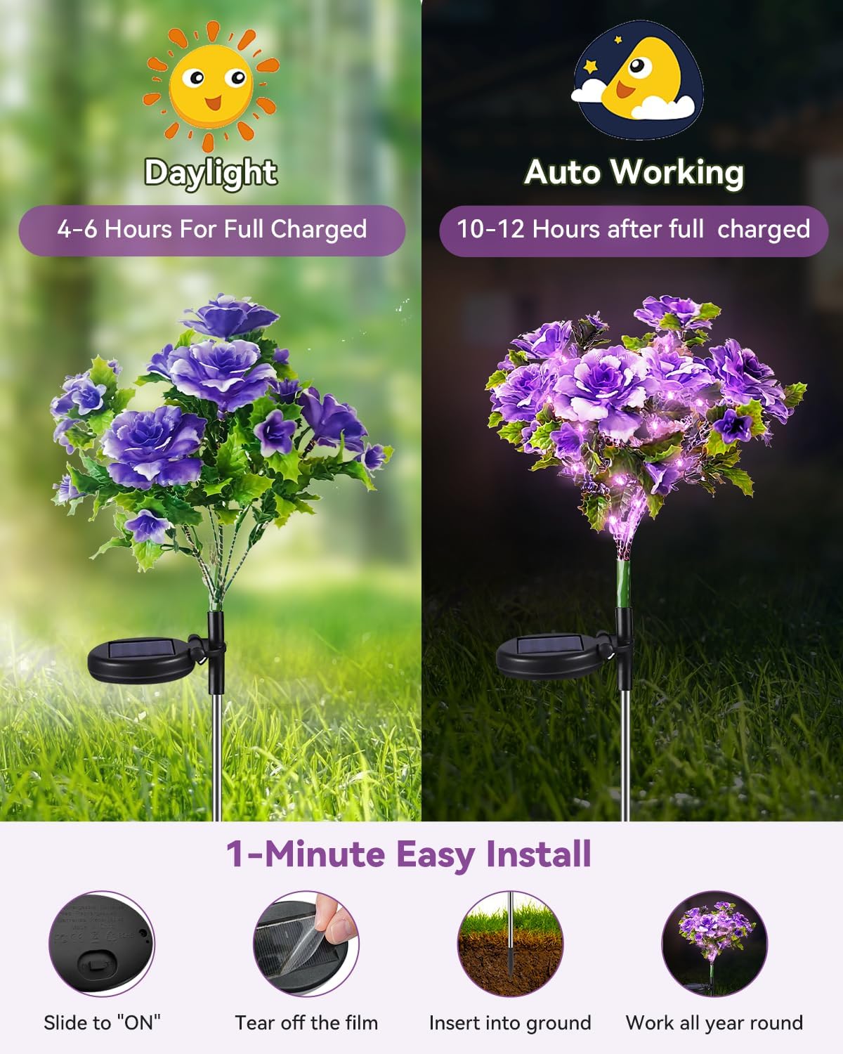 Neporal Solar Garden Lights Outdoor Waterproof IP65, Dusk to Dawn Purple Carnation