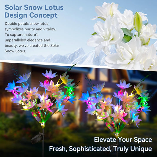 Neporal Solar Flowers Outdoor Waterproof IP65, 5-Head Snow Lotus with 20+ Flowers, 4-Color Light & 2 Lighting Modes, Decorative Solar Lights Outdoor Garden, Yard, Pathway, Flower Bed (2-Pack, White)