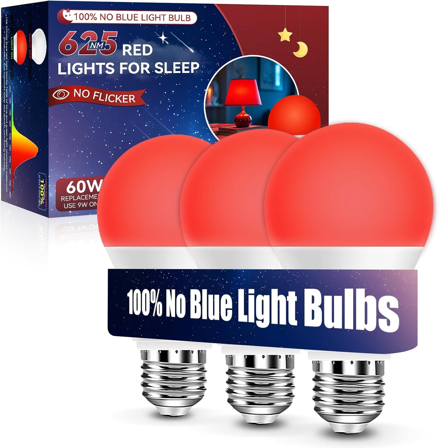 Neporal Red Light Bulbs for Sleep 9W, 100% Blue Light Blocking Red Night Light, 625nm Sleep Light for Melatonin Promoting, A19 60W Equivalent Dim Light Bulbs for Bedroom, Baby Nursery,3 Pack