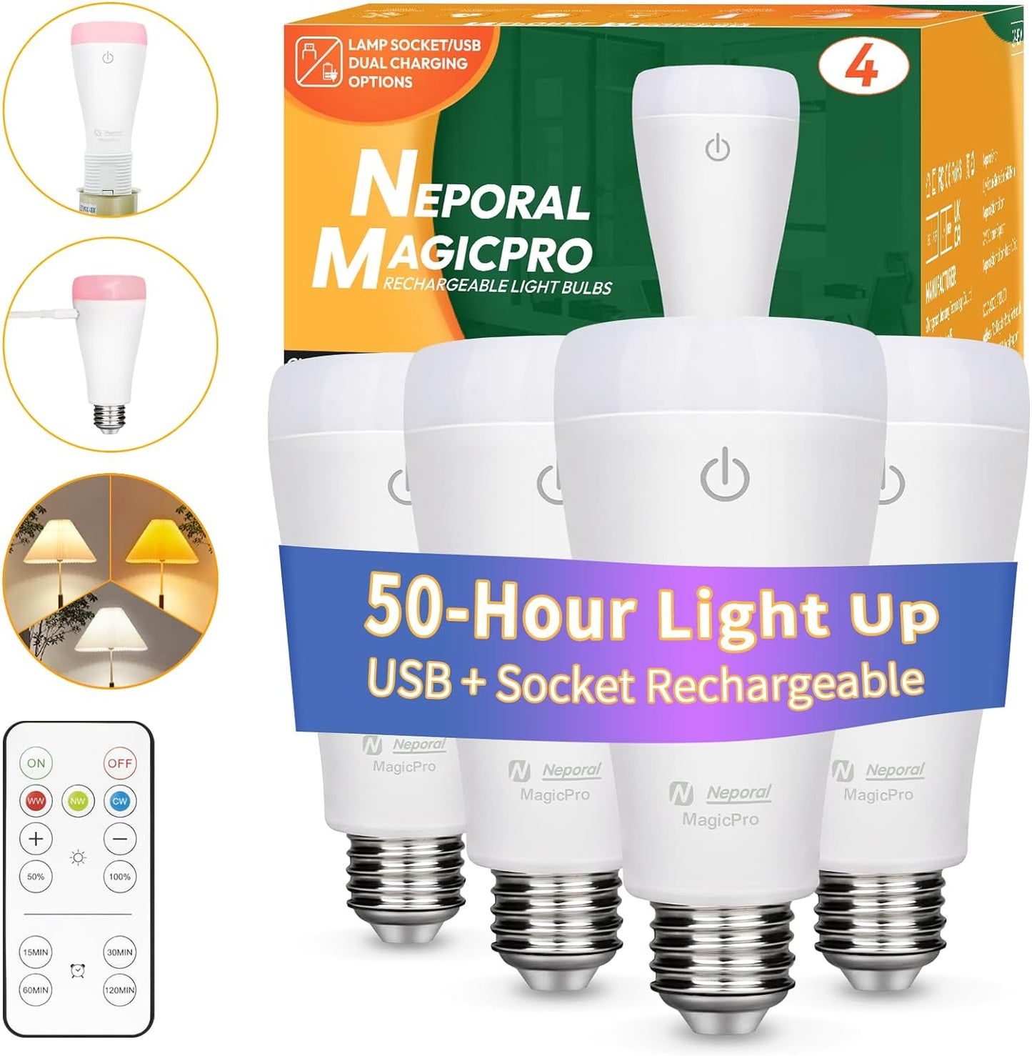 Neporal MAGICPRO Rechargeable Light Bulbs with Remote, Socket & USB Rechargeable, Up to 50H Battery Life