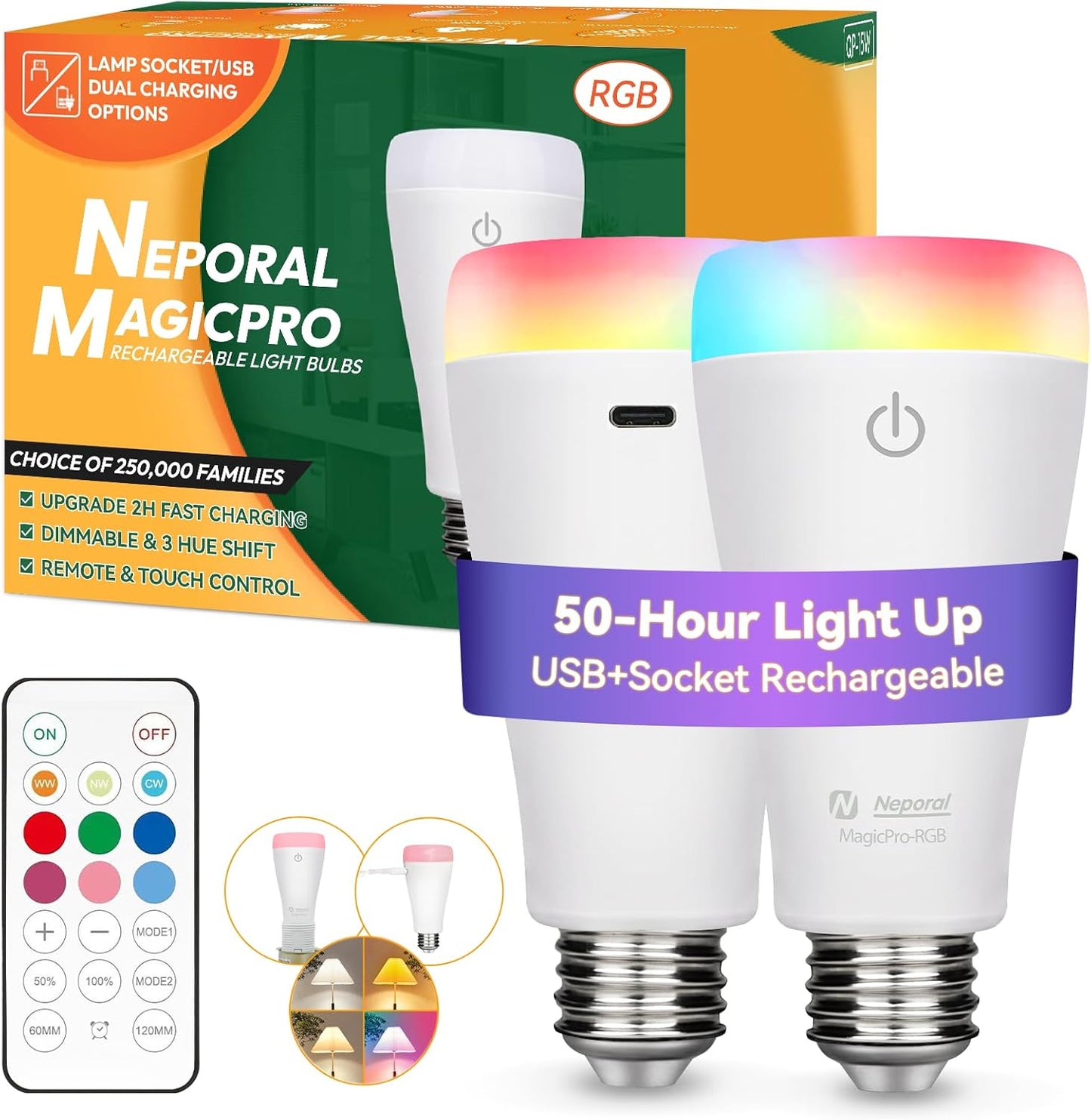 Neporal MAGICPRO Rechargeable Light Bulbs with Remote, Socket & USB Rechargeable, Up to 50H Battery Life