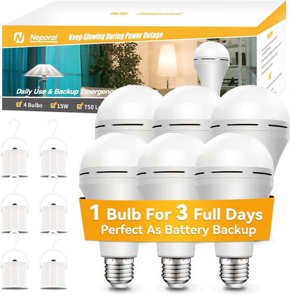 Neporal Rechargeable Light Bulbs Battery Operated Powered Backup Light Bulb, 15W 80W Equivalent 6000K 1200mAh, Emergency Light Bulb for Lamp Camping Works Even Power Outage -2 Packs + 2 Portable Hooks