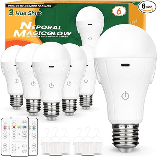 Neporal MagicGlow Rechargeable Light Bulbs with Remote, 3 Hue Shift + Dimmable Battery Powered Light Bulbs, USB Rechargeable, A19 Standard Size Emergency LED Light Bulbs, 15W, Up to 24 Hours (6)