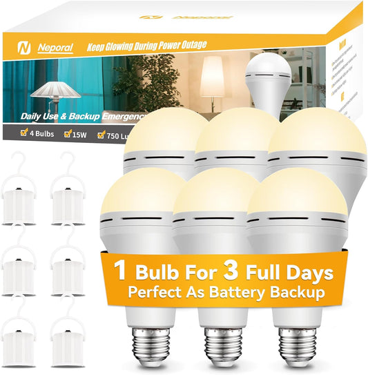 Neporal LITE PRO Battery Backup Light Bulbs, 2600mAh Rechargeable Light Bulbs, Perfect As Emergency Lights for Home Power Failure, Hurricane Prepareness Item, E26/E27