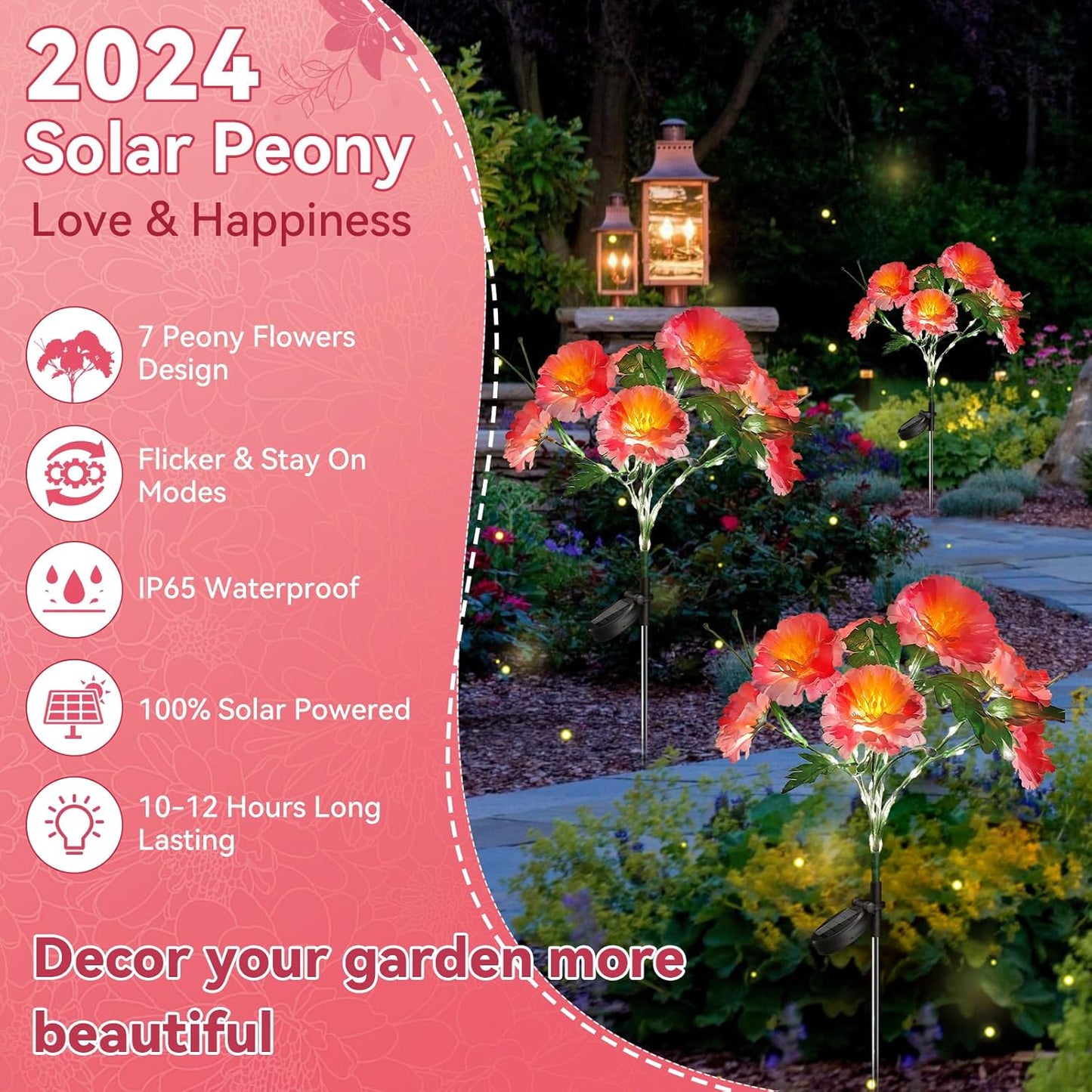 Neporal Solar Lights Outdoor Garden, 4 Pack Solar Flowers with 28 Blooming Pink Peony Flowers for Yard